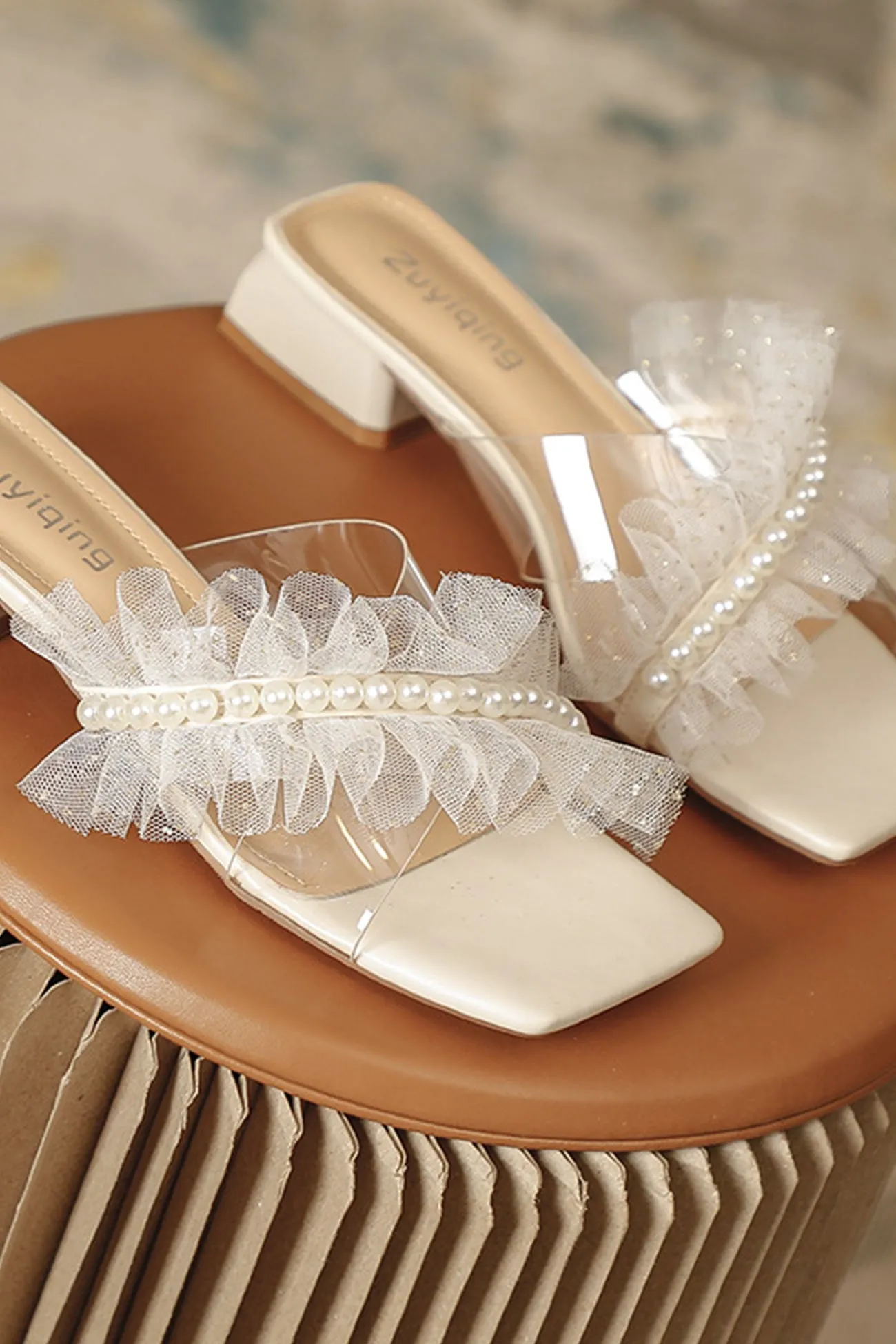 Amozae-Lace Pearl Square Toe Sandals