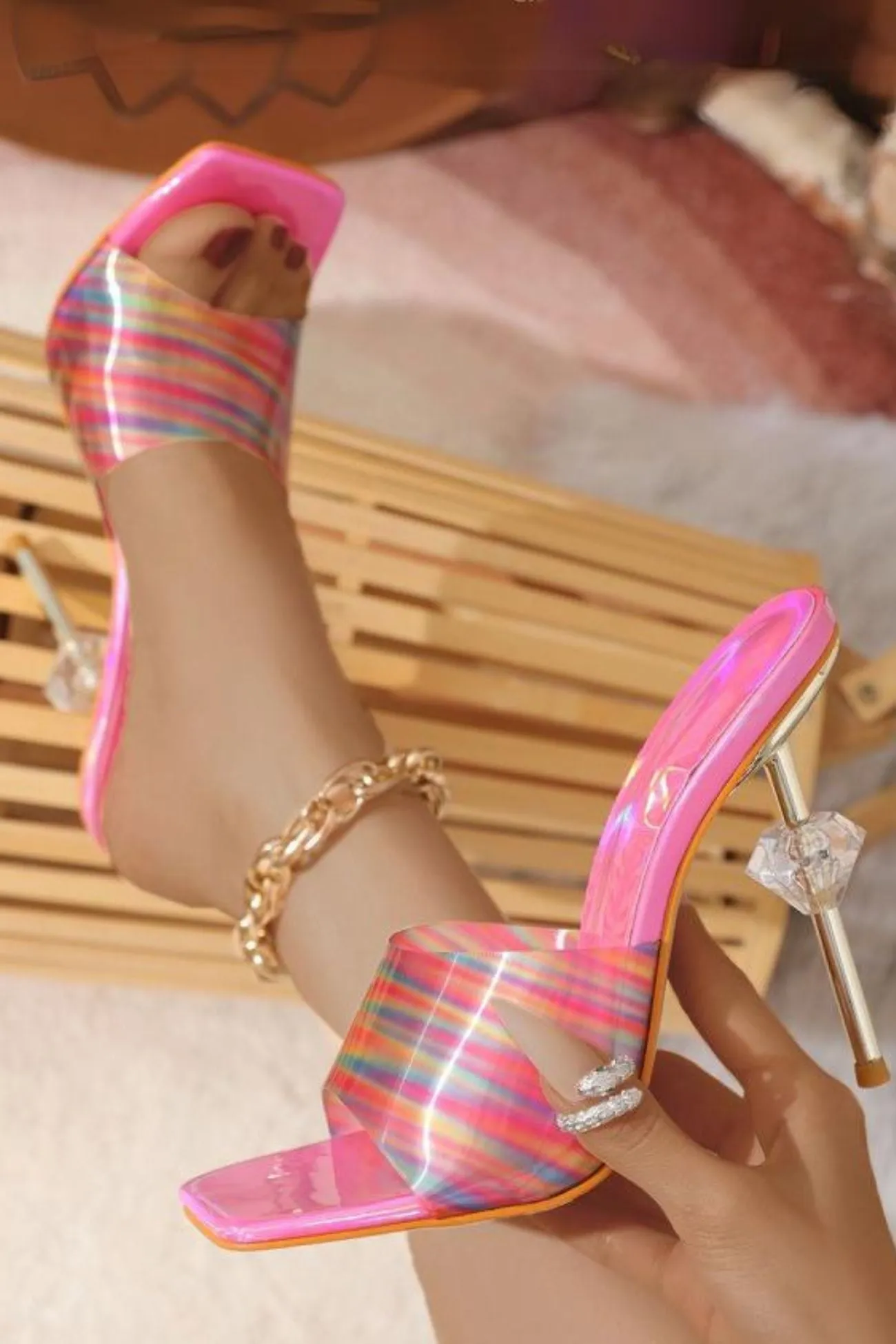 Amozae-Rainbow Printed Heart High Heel Sandals