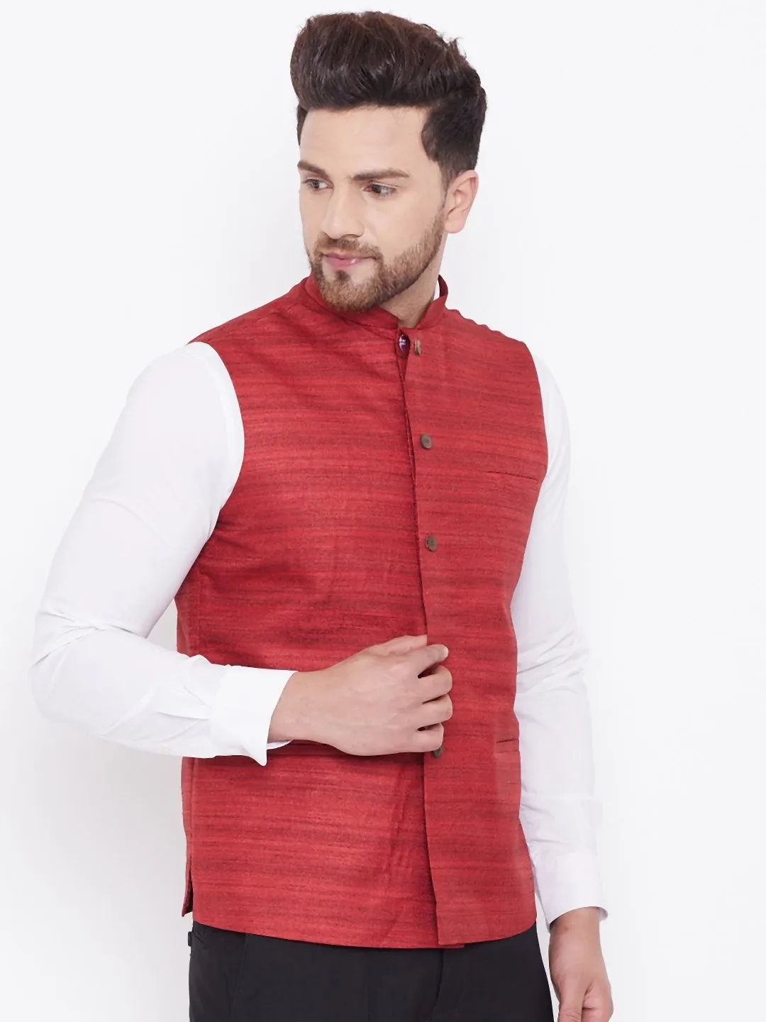 Men's Maroon Silk Blend Nehru Jacket - Vastramay