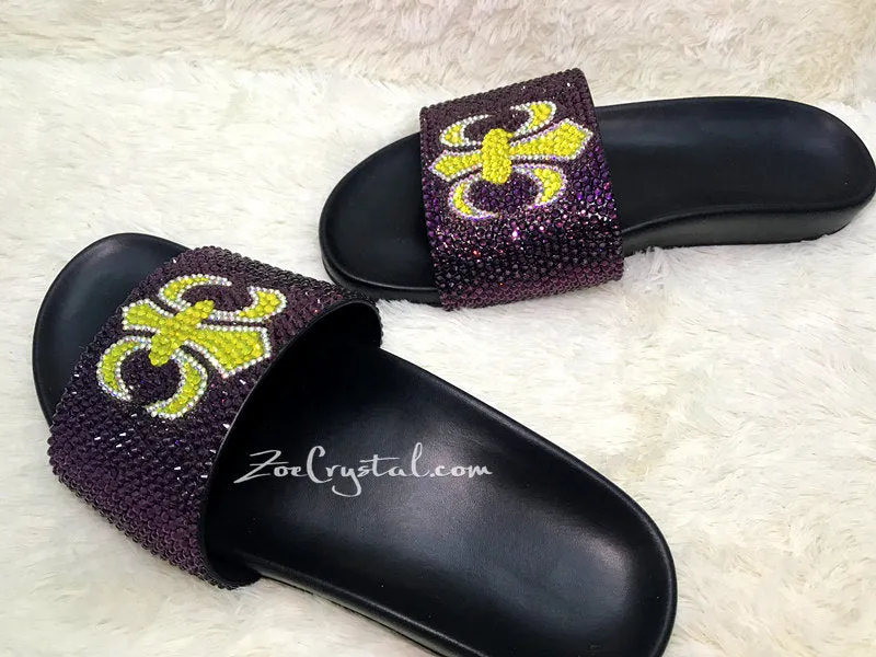 NEW Bling Bedazzled Black SANDALS / SLIDES / Slippers with Yellow Cross Purple Fashinable Cool Shinny Sparkly Crystal Rhinestone Glitter