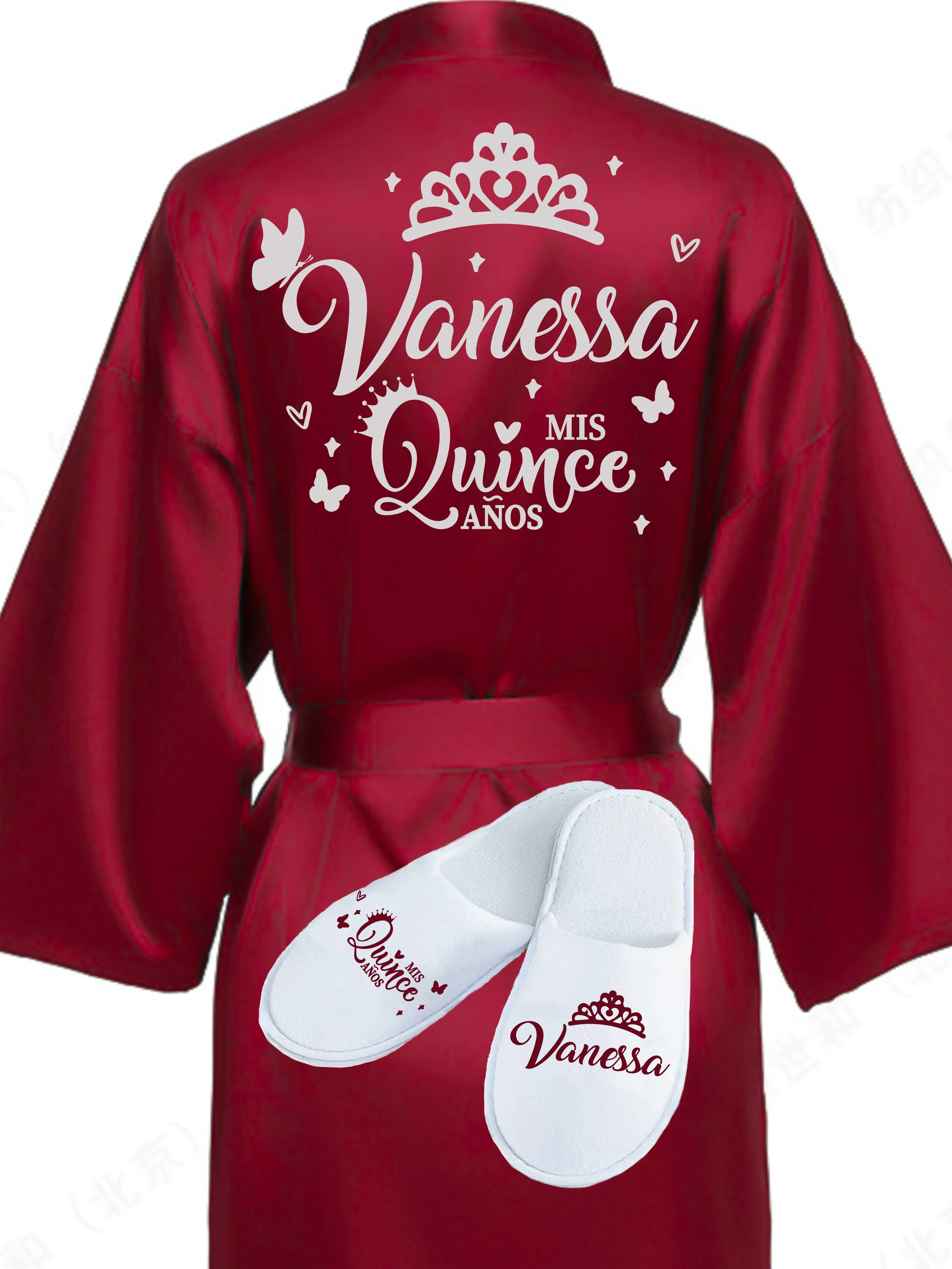 Quinceanera Burgundy with Silver robe with slippers