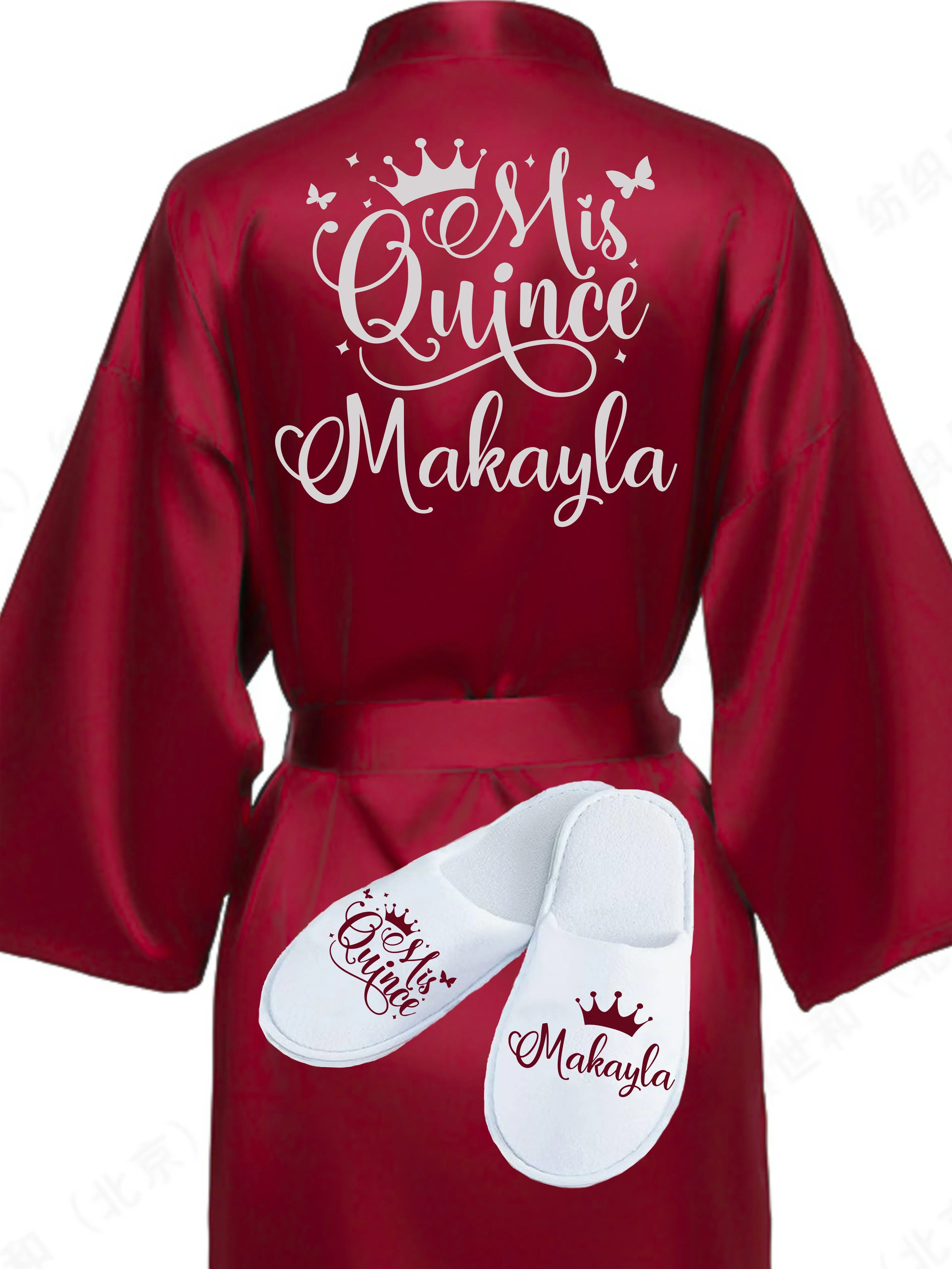 Quinceanera Burgundy with Silver robe with slippers