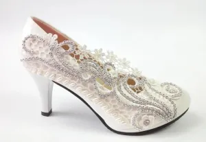 Round Toe White  Lace Wedding Shoes Bridal Pumps