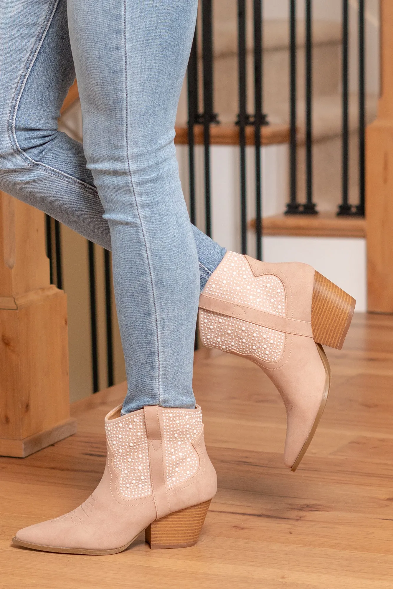 Vaca Pearl Beaded Western Bootie - Blush