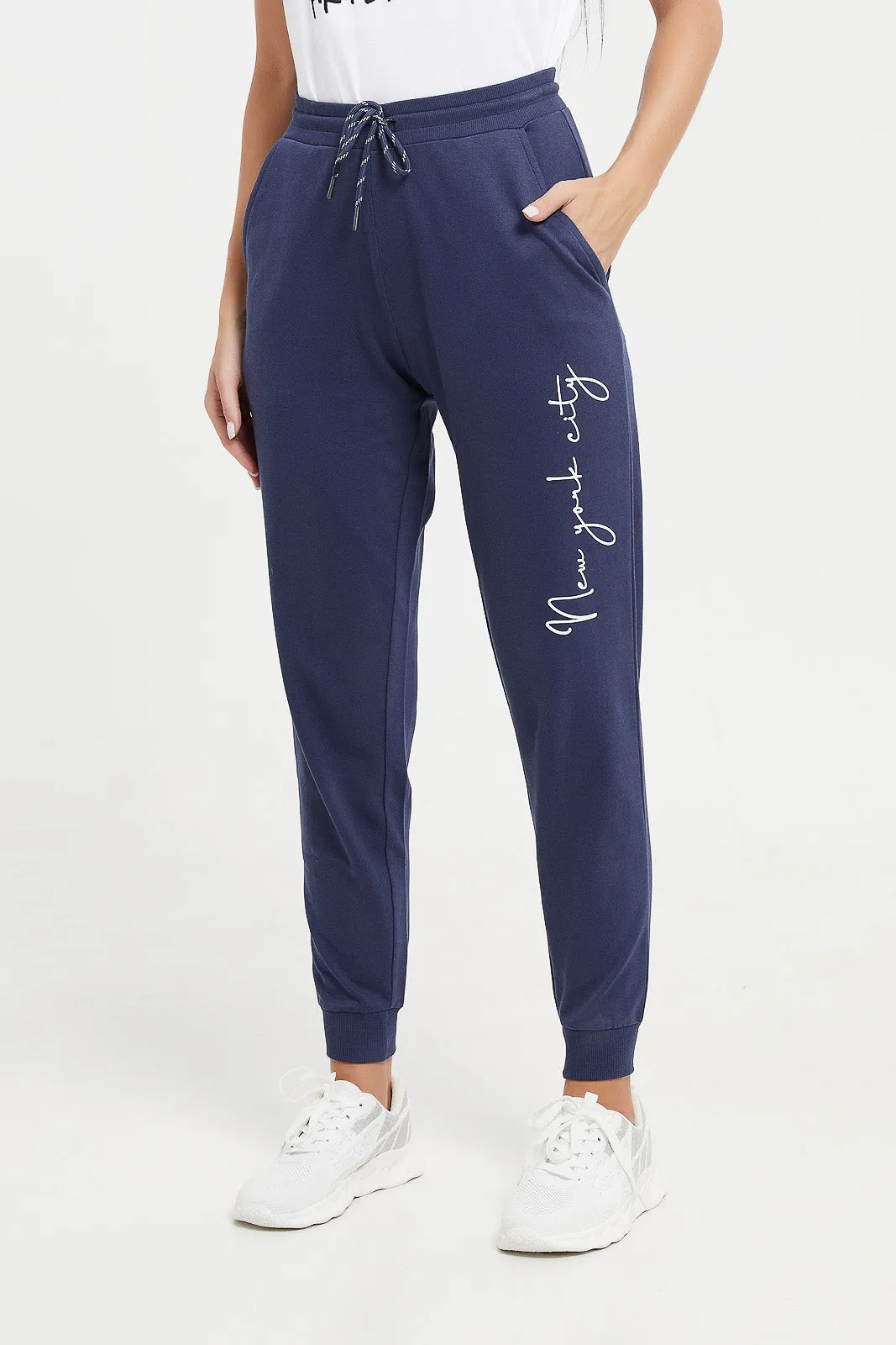 Women Navy Active Pants With Placement Print