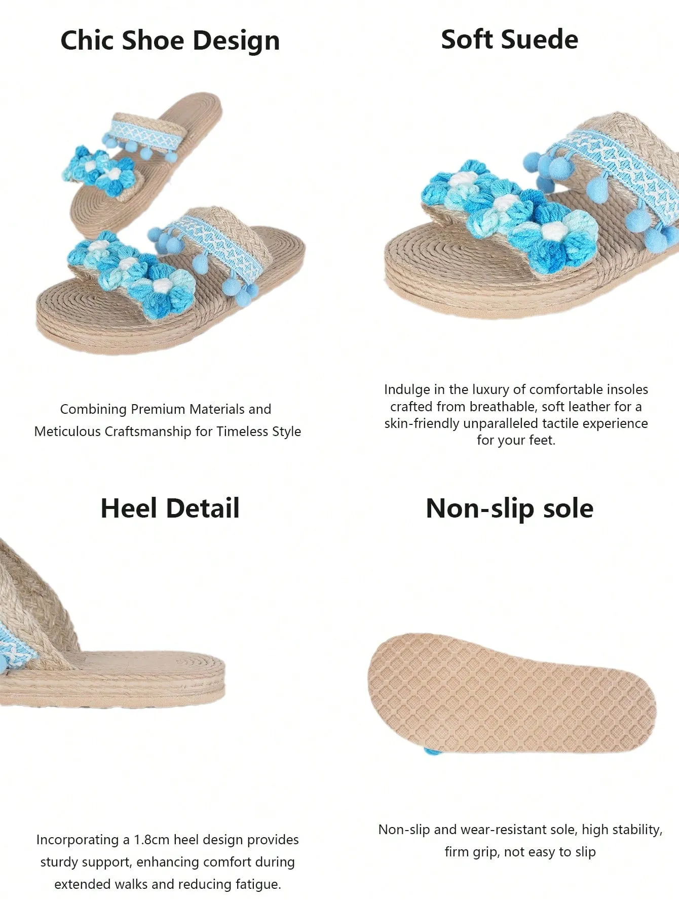 Women's Fashionable And Comfortable Round Toe Slip-On Straw Rope Blue Summer Sandals, Flat Heel